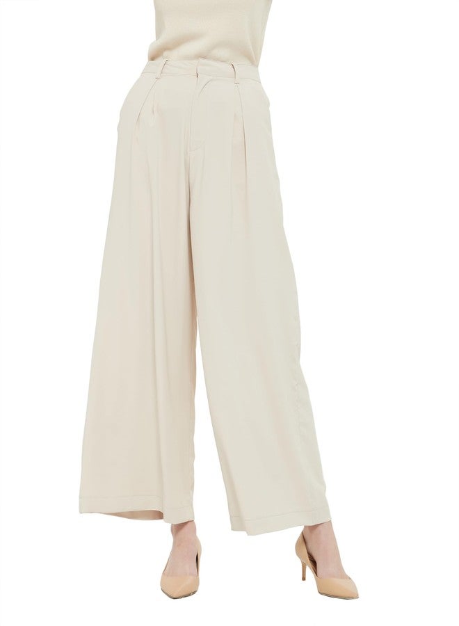 Tronjori Women High Waist Casual Wide Leg Long Palazzo Pants Trousers Regular Size(XS,Beige Short) - Image 2